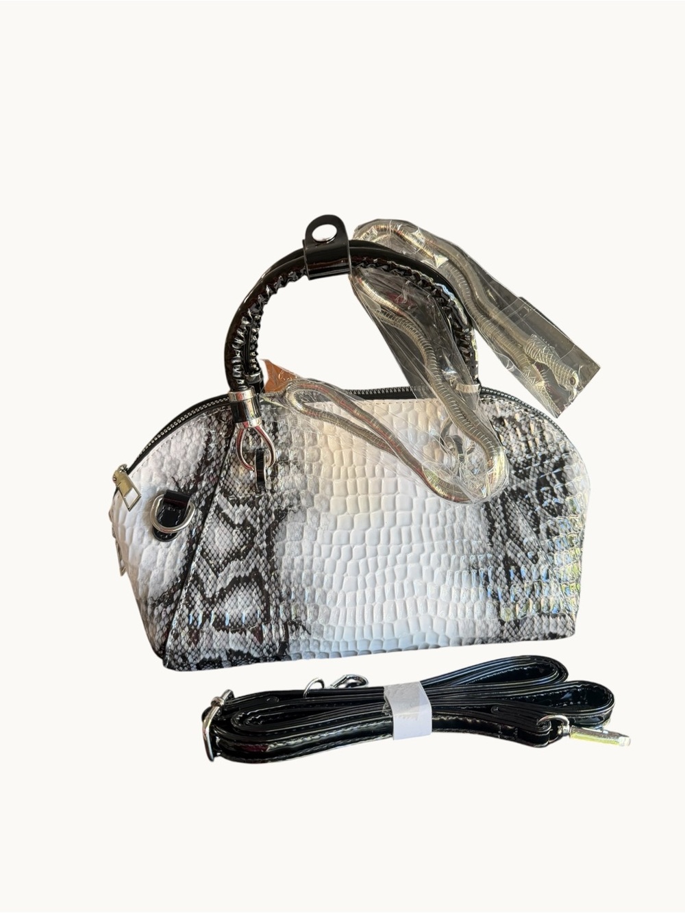 Snake-Embossed Crossbody Bag in Black and White
